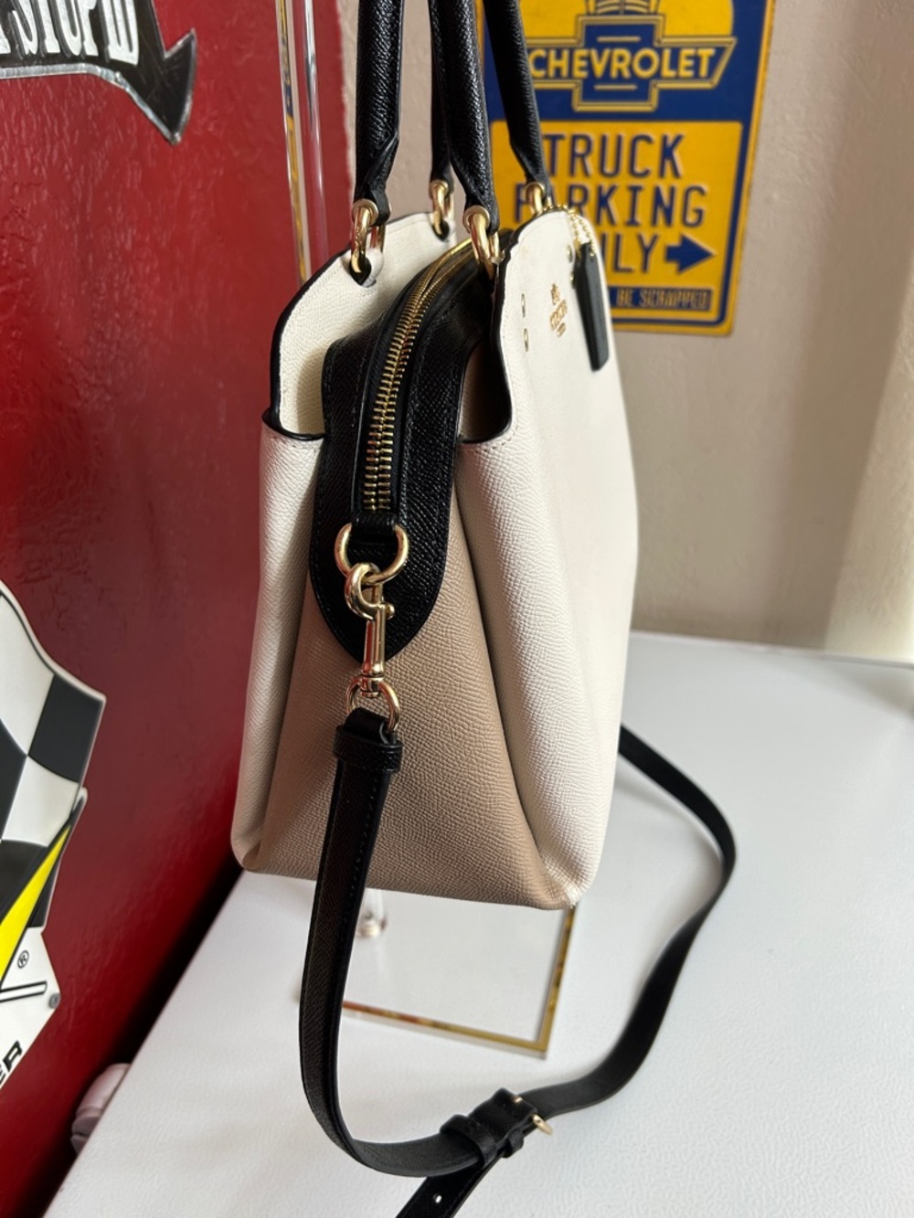 Coach Cream Leather Satchel with Black Handles and Strap - Picture 3 of 16